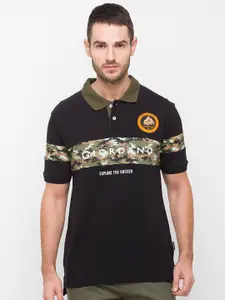 GIORDANO Men Black Brand Logo Printed Polo Collar Slim Fit Cotton T-shirt