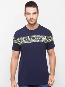 GIORDANO Men Navy Blue Brand Logo Printed Slim Fit Cotton T-shirt