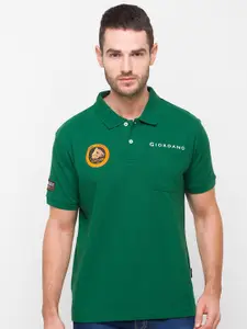 GIORDANO Men Green Polo Collar Pockets Slim Fit Cotton T-shirt