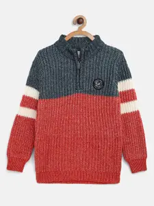 Octave Boys Orange & Navy Blue Colourblocked Acrylic Pullover