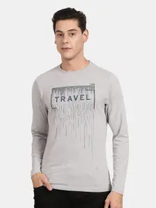 t-base Men Grey Melange & Charcoal Printed T-shirt