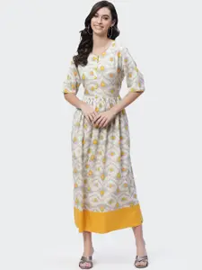 Biba Off White & Yellow Floral Ethnic Midi Dress