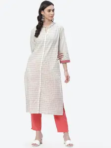 Biba Women White Checked Thread Work Kurta