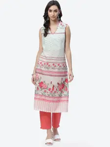 Biba Women Green Floral Printed Thread Work Kurta