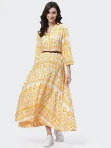 Biba Mustard Yellow Ethnic Motifs A-Line Maxi Dress