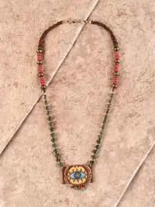 AAKRITI ART CREATIONS Brown & Green Brass Evil Eye Round Tribal Dhokra Necklace