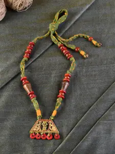 AAKRITI ART CREATIONS Red & Green Brass Handcrafted Tribal Dhokra Necklace