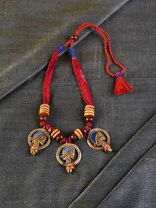 AAKRITI ART CREATIONS Red & Blue Brass Tribal Dhokra Necklace