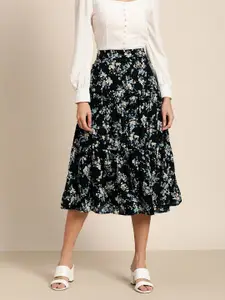 Marie Claire Women Black & Cream-Coloured Floral Print Tiered Knee Length Skirt