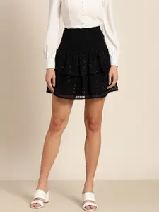 Marie Claire Women Black Self Design Smocked Layered Mini Skirt