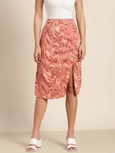 Marie Claire Women Peach-Coloured Abstract Print Ruched Detail High-Slit A-Line Skirt