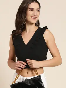 Marie Claire Black Solid Ruffles Crop Top