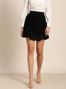 Marie Claire Women Black Ruched Flounce Hem A-Line Skirt