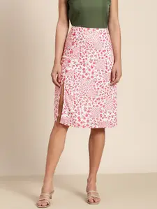 Marie Claire Women White & Pink Disty Floral Print High-Slit A-Line Skirt