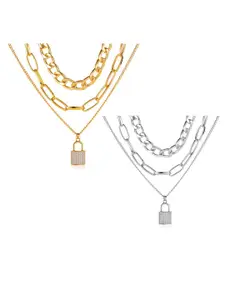 Vembley Set Of 2 Gold-Plated & Silver-Toned Layered Chunky Chain Lock Pendant Necklace