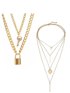 Vembley Set Of 2 Gold-Plated Layered Star & Key Lock Pendant Necklace
