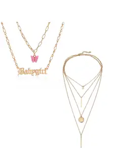 Vembley Set Of 2 Gold-Plated & Pink Layered Necklace