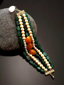 DUGRISTYLE Women Gold-Toned & Green Sterling Silver Pearls Gold-Plated Wraparound Bracelet
