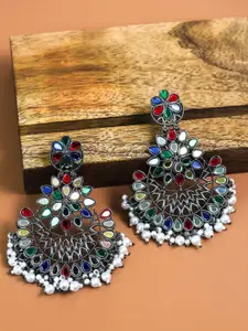 AccessHer Silver-Toned & White Mirror Circular Drop Earrings