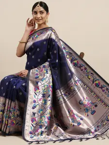 Mitera Navy Blue & Silver-Toned Ethnic Motifs Silk Blend Saree