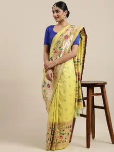 Mitera Yellow Woven Design Zari Silk Blend Paithani Saree
