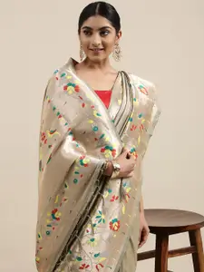 Mitera Grey & Yellow Ethnic Motifs Silk Blend Saree