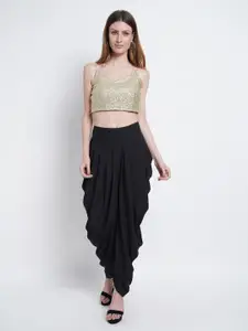 Purple State Women Gold-Toned & Black Sequenced Detail Crop Top with Dhoti Pants