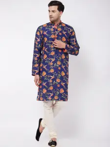 VASTRAMAY Men Blue Floral Printed Kurta With Pyjamas