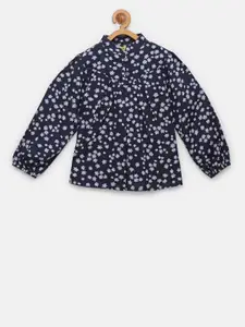 NYNSH Navy Blue Floral Print Mandarin Collar Shirt Style Top