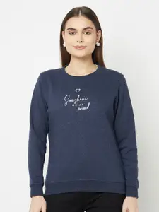 METTLE Women Navy Blue Printed Fleece Sweatshirt