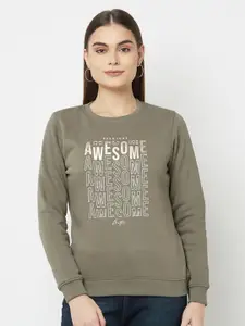 METTLE Women Olive Green Printed Fleece Sweatshirt