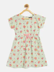 HERE&NOW Girls Mint Green & Pink Floral Print Bow Detail Cotton Fit & Flare Dress