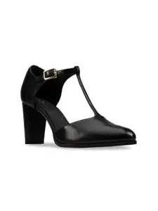 Clarks Black Leather Block Pumps with Buckles