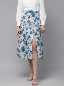 RARE Women Beige & Teal Blue Floral Print Tiered High-Slit Midi A-Line Skirt