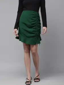 RARE Women Olive Green Solid Ruched Detail Flounce Hem A-Line Skirt