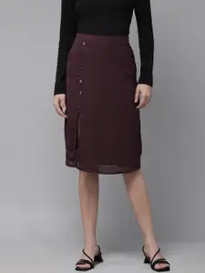 RARE Women Burgundy Solid High-Slit Midi A-Line Skirt