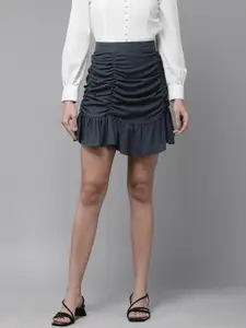 RARE Women Navy Blue Solid Ruched Layered Mini Skirt