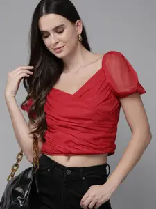 RARE Red Solid Sweetheart Neck Net Wrap Crop Top