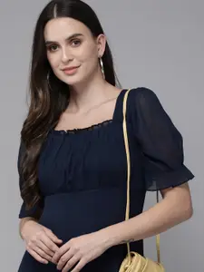 RARE Navy Blue Solid Chiffon A-Line Midi Dress