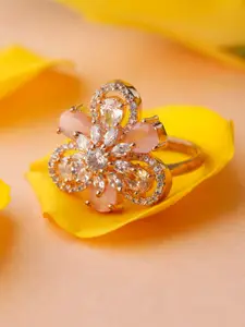 Priyaasi Pink Rose Gold-Plated AD-Studded Adjustable Finger Ring