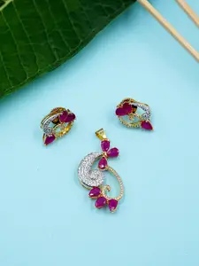 Voylla Magenta Gold Plated CZ Pendant Set