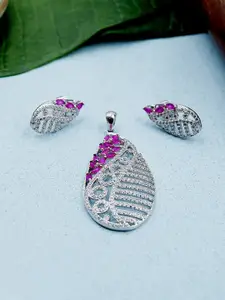 Voylla Silver-Toned & Pink Leaf Design Pendant Set