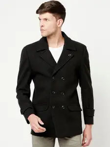 METTLE Men Black Solid Notched Lapel Collar Regular Fit Double Breasted Cotton Pea Coat
