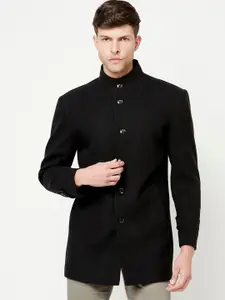 METTLE Men Black Solid Stand Collar Regular Fit Single Breasted Cotton Overcoat