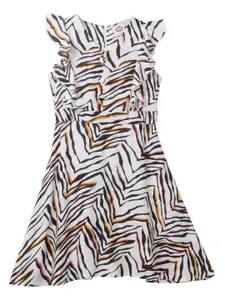 Cub McPaws Off-White & Black Abstract Printed Ruffled Fit & Flared Dress