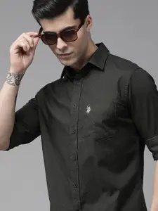 U.S. Polo Assn. U S Polo Assn Men Black Self Design Pure Cotton Casual Shirt
