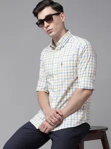 U.S. Polo Assn. U S Polo Assn Men Beige And Blue Tailored Fit Grid Tattersal Checked Casual Shirt
