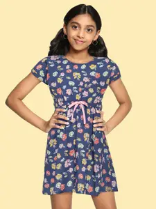 HERE&NOW Girls Navy Blue & Pink Floral Fit & Flare Dress