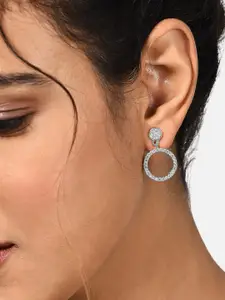 AMI White Silver-Plated Cubic Zirconia Studded Contemporary Circular Hollow Drop Earrings