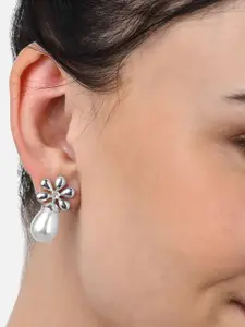 AMI White Silver-Plated Cubic Zirconia & Pearls Studded Floral Drop Earrings